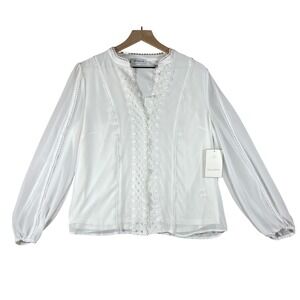 Calligraphie White Lace Trim V-Neck Blouse Sheer Lined Top Etheral Cottage NWT